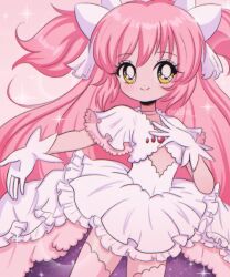 Rule 34 | 1990s (style), 1girl, blush, chellyko, choker, collarbone, dress, flat chest, gloves, hair ribbon, hand on own chest, kaname madoka, long hair, mahou shoujo madoka magica, pink background, pink hair, pink thighhighs, retro artstyle, ribbon, short sleeves, smile, sparkle, standing, thighhighs, twintails, ultimate madoka, white dress, white gloves, yellow eyes