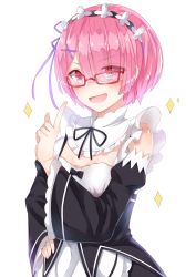 Rule 34 | 10s, 1girl, :d, absurdres, bespectacled, blush, breasts, cleavage, detached sleeves, dress, eyes visible through hair, frills, glasses, hair ornament, hair over one eye, hair ribbon, hairband, hand on own hip, highres, index finger raised, looking at viewer, maid, maid headdress, open mouth, pink-framed eyewear, pink eyes, pink hair, ram (re:zero), re:zero kara hajimeru isekai seikatsu, ribbon, short hair, simple background, sll, small breasts, smile, solo, sparkle, white background, x hair ornament