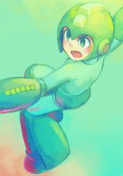 Rule 34 | 1boy, android, arm cannon, blush, gradient background, green eyes, helmet, male focus, mega man (character), mega man (classic), mega man (series), open mouth, solo, weapon