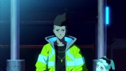 Rule 34 | animated, anime screenshot, colored skin, cup, cyberpunk (series), cyberpunk edgerunners, david martinez, hairband, jacket, pale skin, petite, rebecca (cyberpunk), sound, tagme, twintails, video, yellow jacket
