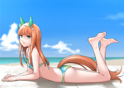 Rule 34 | 1girl, animal ears, bare arms, bare legs, bare shoulders, barefoot, bikini, blue bikini, blue sky, blurry, blurry background, brown hair, closed mouth, cloud, commentary request, day, depth of field, floral print, green bikini, green eyes, hairband, highres, horizon, horse ears, horse girl, horse tail, legs up, long hair, looking at viewer, lying, ocean, ogry ching, on stomach, outdoors, oversized breast cup, print bikini, silence suzuka (umamusume), sky, soles, solo, swimsuit, tail, umamusume, water, white hairband