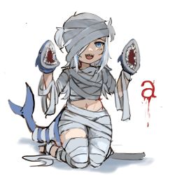 Rule 34 | 1girl, a (phrase), bandages, blue eyes, blue hair, blunt bangs, fins, fish tail, foxxarius, gawr gura, halloween, hand puppet, highres, hololive, hololive english, looking at viewer, medium hair, multicolored hair, mummy, open mouth, puppet, shark girl, shark tail, sharp teeth, silver hair, solo, streaked hair, tail, teeth, two side up, virtual youtuber
