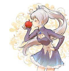 Rule 34 | 1girl, apple, breasts, earrings, closed eyes, food, fruit, hair ornament, iesupa, jewelry, kiss, object kiss, ponytail, rwby, scar, side ponytail, skirt, small breasts, snow white, snow white and the seven dwarfs, solo, weiss schnee
