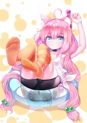 Rule 34 | 1girl, absurdres, ahoge, animal ear fluff, animal ears, arm behind head, arms up, ass, bike shorts, black shorts, blue eyes, cat ears, choker, commentary request, feet, full body, hair bobbles, hair ornament, highres, hinata channel, innertube, leaning back, legs, legs up, long hair, low twintails, nekomiya hinata, orange thighhighs, pink hair, see-through, shorts, soles, solo, striped clothes, striped thighhighs, swim ring, tank top, thighhighs, thighs, toes, twintails, very long hair, virtual youtuber, white tank top, wuhuo