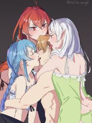 1boy 3girls blue_hair closed_eyes colored_eyelashes demon_girl ear_licking elf eris_greyrat group_sex hair_in_another&#039;s_mouth highres husband_and_wife husband_and_wives kiss licking matching_hair/eyes multiple_girls mushoku_tensei pointy_ears polygamy red_eyes red_hair roxy_migurdia rudeus_greyrat sylphiette_(mushoku_tensei) tokita_(mag0) white_hair