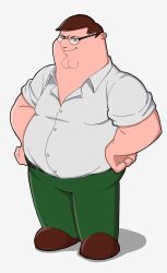 Rule 34 | 1boy, brown footwear, brown hair, cleft chin, collared shirt, family guy, fat, fat man, full body, glasses, green eyes, green pants, highres, kowai (iamkowai), looking at viewer, male focus, pants, partially unbuttoned, peter griffin, round eyewear, shirt, shirt tucked in, short hair, simple background, smirk, solo, standing, very short hair, white background, white shirt