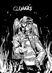 Rule 34 | 10s, 1girl, black background, cleaners, fire, gas mask, greyscale, hand on own hip, hat, highres, kantai collection, long hair, mask, monochrome, osakana (denpa yun&#039;yun), ryuujou (kancolle), simple background, solo, tom clancy&#039;s the division, twintails