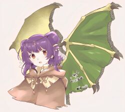 Rule 34 | 1girl, bat wings, brown cape, cape, collarbone, fire emblem, fire emblem heroes, highres, hood, hood down, hooded cape, jewelry, looking at viewer, myrrh (fire emblem), necklace, nintendo, non-web source, pearl necklace, purple hair, red eyes, solo, twintails, wings