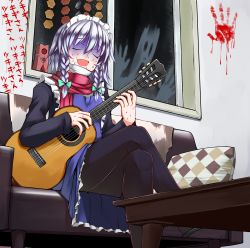 Rule 34 | 1boy, acoustic guitar, alternate costume, black pantyhose, blood, blood stain, braid, character name, cosplay, couch, crossed legs, closed eyes, ghost, guitar, hair ribbon, handprint, highres, instrument, iwanori, izayoi sakuya, izayoi sakuya (cosplay), long sleeves, maid headdress, male focus, mask, mouth mask, music, open mouth, pantyhose, pillow, playing instrument, red scarf, ribbon, scarf, short hair, silver hair, sitting, smile, solo, surgical mask, sweat, table, touhou, translated, tsukigi (cosplayer), turn pale, twin braids, window