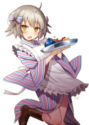 Rule 34 | 1girl, 2019, ahoge, apron, blush, boots, bow, brown footwear, brown hair, cup, fang, fate/grand order, fate (series), frilled apron, frills, hair bow, holding, holding tray, japanese clothes, jeanne d&#039;arc (fate), jeanne d&#039;arc alter santa lily (fate), jeanne d&#039;arc alter santa lily (true mastermind arc) (fate), kimono, long sleeves, looking at viewer, open mouth, pink kimono, seiru (prairie), signature, simple background, solo, standing, standing on one leg, striped bow, striped clothes, striped kimono, tea, teacup, teapot, tray, vertical-striped clothes, vertical-striped kimono, white apron, white background, wide sleeves, yellow eyes
