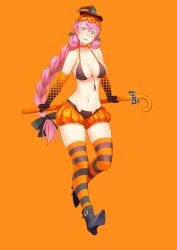 Rule 34 | 1girl, akashi (kancolle), alternate costume, alternate hairstyle, bikini, bikini top only, black bikini, blush, bow, braid, breasts, cane, full body, hair bow, hair ribbon, halloween costume, hat, high heels, highres, jack-o&#039;-lantern, kantai collection, long hair, looking at viewer, low-tied long hair, medium breasts, mini hat, mini witch hat, navel, orange theme, parted lips, pink hair, revealing clothes, ribbon, single braid, smile, solo, stomach, striped clothes, striped thighhighs, swimsuit, thighhighs, tress ribbon, very long hair, witch hat, yuuji (and)