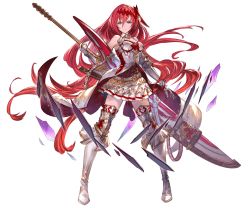 Rule 34 | 1girl, armor, armored boots, bare shoulders, belt, blue eyes, boots, breastplate, breasts, full body, gauntlets, godsworn alexiel, granblue fantasy, hair ornament, huge weapon, long hair, looking at viewer, medium breasts, minaba hideo, official art, pleated skirt, red eyes, serious, skirt, sleeveless, solo, standing, sword, thighhighs, transparent background, very long hair, weapon, white footwear, zettai ryouiki