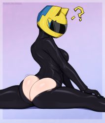 Rule 34 | 1girl, ?, afrobull, ass, ass cutout, black bodysuit, black gloves, bodysuit, border, breasts, butt crack, celty sturluson, clothing cutout, commentary, covered face, durarara!!, english commentary, facing viewer, gloves, gradient background, grey border, helmet, highres, large breasts, long sleeves, motorcycle helmet, patreon username, purple background, skin tight, solo, split, watermark, web address