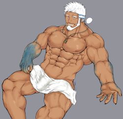 Rule 34 | 1boy, abs, aegir (housamo), aqua hair, bara, bare pectorals, beard, beckoning, blue eyes, bulge, dark skin, dark-skinned male, facial hair, feet out of frame, fins, highres, jewelry, large pectorals, male focus, multicolored hair, muscular, muscular male, naked towel, navel, necklace, nipples, pectorals, short hair, sitting, smile, solo, stomach, streaked hair, thick thighs, thighs, tokyo houkago summoners, towel, towel around waist, white hair, xiaojishangtian