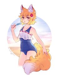 Rule 34 | 1girl, animal ear fluff, animal ears, bare shoulders, blonde hair, blue one-piece swimsuit, blush, circle, cowboy shot, dripping, flower, food, fox ears, fox tail, hair between eyes, hair ornament, ice cream, jellypon, looking at viewer, melting, one-piece swimsuit, open mouth, popsicle, saliva, school swimsuit, see-through, senko (sewayaki kitsune no senko-san), sewayaki kitsune no senko-san, short hair, simple background, solo, sweat, swimsuit, tail, tongue, tongue out, twitter username, wet, wet clothes, wet swimsuit, yellow eyes