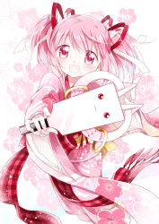 Rule 34 | 1girl, :3, ayumaru (art of life), blush, bow, commentary request, floral background, floral print, gloves, hagoita, hair ribbon, highres, holding, holding paddle, japanese clothes, kaname madoka, kaname madoka (haregi ver.), kimono, kyubey, mahou shoujo madoka magica, new year, objectification, open mouth, paddle, pink eyes, pink hair, pink kimono, pink theme, print kimono, red bow, red eyes, red ribbon, ribbon, short hair, smile, solo, twintails, white gloves, white ribbon