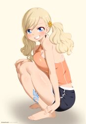 Rule 34 | 1girl, absurdres, asymmetrical bangs, barefoot, black shorts, blonde hair, blue eyes, blush, breasts, camisole, commentary, dolphin shorts, earrings, eden&#039;s zero, feet, from side, grin, hair ornament, hand on own knee, hands on feet, highres, jewelry, large breasts, leg tattoo, legs, lips, long hair, looking at viewer, orange camisole, rebecca bluegarden, shadow, short shorts, shorts, smile, solo, squatting, stayaliveplz, tattoo, toenails, toes, twintails, twitter username, watermark, web address, yellow background