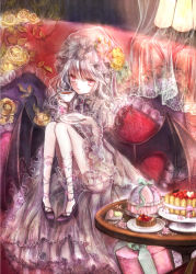 Rule 34 | 1girl, bat wings, cake, cherry, curtains, drink, flower, food, frilled pillow, frills, fruit, gift, hair flower, hair ornament, heart, high heels, highres, himemurasaki, legs together, parted lips, pillow, red eyes, remilia scarlet, rose, solo, strawberry, table, tea, touhou, vampire, veil, white hair, wide sleeves, wings