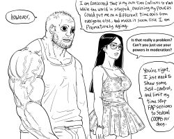 Rule 34 | 1boy, 1girl, asymmetrical arms, bb (baalbuddy), breasts, collarbone, commentary, coomer (meme), dress, english commentary, english text, facing away, glasses, greyscale, highres, long hair, meme, monochrome, muscular, muscular male, original, parted lips, simple background, speech bubble, tank top, veins, veiny arms, white background