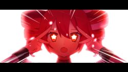 Rule 34 | 1girl, :o, black border, border, bow, close-up, dot nose, double v, drill hair, fang, glowing pupils, hair between eyes, hair bow, kasane teto, kasane teto (sv), letterboxed, light particles, looking at viewer, m@gical cure! love shot! (vocaloid), medium hair, meme, miku miku beaaaam!! (meme), multicolored hair, open mouth, red eyes, red hair, red theme, sidelocks, simple background, skin fang, solo, speed lines, star-shaped pupils, star (symbol), streaked hair, symbol-shaped pupils, synthesizer v, twin drills, under ashito, utau, v, vocaloid, white background, white bow, white hair