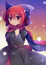 Rule 34 | 1girl, ahoge, black dress, blush, bow, commentary request, cowboy shot, dress, gradient background, hair between eyes, hair bow, hand on own chest, highres, holding, holding clothes, holding scarf, kujou mikuru, layered dress, long sleeves, looking at viewer, ponytail, red eyes, red hair, red scarf, scarf, sekibanki, short hair, short ponytail, smile, snowing, solo, standing, touhou