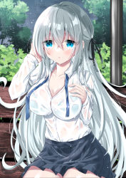 Rule 34 | 1girl, :o, bench, black ribbon, black skirt, blue bra, blue eyes, bra, bra visible through clothes, breasts, cleavage, collared shirt, commentary request, day, dress shirt, frilled bra, frills, grey hair, hair between eyes, hair ribbon, hands up, long hair, long sleeves, looking at viewer, medium breasts, on bench, original, outdoors, park bench, parted lips, pleated skirt, rain, ribbon, see-through, shirt, sitting, skirt, sleeves past wrists, solo, uchuuneko, underwear, very long hair, wet, wet clothes, wet shirt