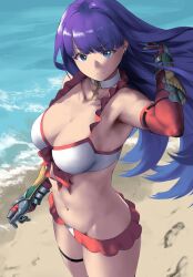 Rule 34 | 1girl, bare shoulders, beach, bikini, blue eyes, breasts, choker, cleavage, collarbone, cross, cross choker, den (kur0 yuki), elbow gloves, fate/grand order, fate (series), gauntlets, gloves, highres, large breasts, long hair, looking at viewer, martha (fate), martha (swimsuit ruler) (fate), martha (swimsuit ruler) (third ascension) (fate), navel, purple hair, red gloves, shore, solo, swimsuit, thigh strap, thighs, white bikini