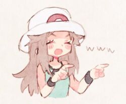 Rule 34 | black wristband, blue shirt, blush stickers, brown hair, closed eyes, commentary request, creatures (company), cropped torso, game freak, grey background, hands up, happy, hat, laughing, leaf (pokemon), long hair, lowres, mgomurainu, nintendo, pointing, pointing to the side, pokemon, pokemon frlg, shirt, sidelocks, simple background, sleeveless, sleeveless shirt, smile, spoken www, sun hat, upper body, white headwear, wristband