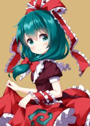 Rule 34 | 1girl, bow, brown background, closed mouth, dress, frilled ribbon, frills, from side, front ponytail, green eyes, green hair, hair bow, hair ribbon, highres, holding, holding clothes, holding dress, kagiyama hina, long hair, looking at viewer, puffy short sleeves, puffy sleeves, red bow, red dress, red ribbon, ribbon, ruu (tksymkw), short sleeves, simple background, smile, solo, spiral, standing, touhou