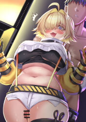 Rule 34 | 1boy, 1girl, a-na, ahoge, bar censor, black gloves, black sports bra, blonde hair, blush, breasts, censored, clothing cutout, commander (nikke), crop top, crop top overhang, cropped sweater, elegg (nikke), exposed pocket, gloves, goddess of victory: nikke, grey shorts, hair intakes, hair over eyes, hetero, highres, large breasts, long bangs, long sleeves, micro shorts, multicolored clothes, multicolored gloves, multicolored hair, navel, open mouth, penis, purple eyes, short hair, shorts, shoulder cutout, sports bra, suspender shorts, suspenders, sweat, thigh sex, thigh strap, thighs, two-tone hair, yellow gloves