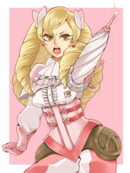 Rule 34 | 1girl, angry, ascot, blonde hair, bow, brown eyes, capelet, corset, cowboy shot, dangle earrings, drill hair, earrings, eyelashes, fire emblem, fire emblem awakening, frilled umbrella, frills, gloves, hair bow, heart, jewelry, karaurikara, leather, leather gloves, long hair, looking at viewer, maribelle (fire emblem), nintendo, open mouth, pants, pink background, pink bow, pink capelet, pink gloves, pink pants, pointing weapon, shirt, shouting, simple background, solo, sparkle, umbrella, white shirt