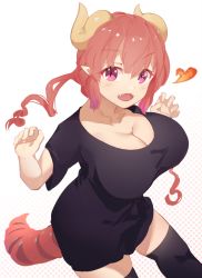 Rule 34 | 1girl, black shirt, black thighhighs, blush, breasts, cleavage, curled horns, dragon girl, dress, fang, hair between eyes, highres, horns, ilulu (maidragon), kobayashi-san chi no maidragon, large breasts, long hair, looking at viewer, low twintails, open mouth, pleated dress, red eyes, red hair, same (sendai623), shirt, short sleeves, smile, solo, thighhighs, twintails, very long hair, white background