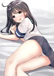 Rule 34 | 10s, 1girl, absurdres, ahoge, arm support, ass, bed sheet, black hair, blush, brown eyes, go-1, highres, kantai collection, long hair, looking at viewer, lying, on bed, on side, open mouth, panties, pantyshot, pleated skirt, school uniform, serafuku, short sleeves, skirt, solo, underwear, ushio (kancolle), white panties