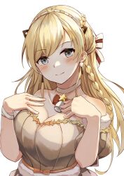 Rule 34 | 1girl, aratake, bare shoulders, bell, blonde hair, blue eyes, blush, braid, breasts, choker, cleavage, commentary request, dress, earrings, girls&#039; frontline, hand on own chest, headband, highres, jewelry, k5 (girls&#039; frontline), k5 (wishmaker k-derella) (girls&#039; frontline), large breasts, looking at viewer, neck bell, official alternate costume, simple background, smile, solo, upper body, white background