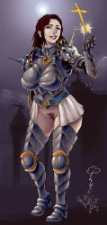 Rule 34 | 1girl, arm guards, armor, armored boots, belt, blue eyes, boots, bottomless, breastplate, breasts, brown hair, cross, cuisses, female knight, female pubic hair, freyda, gauntlets, greaves, heroes of might and magic, heroes of might and magic v, highres, knight, large breasts, lipstick, magic, makeup, medium hair, might and magic, moon, night, night sky, no panties, pauldrons, poleyn, pubic hair, rennes, sabaton, shoulder armor, skirt, sky, smile, solo, standing