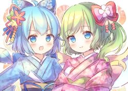 Rule 34 | 2girls, :d, ahoge, alternate costume, blue bow, blue eyes, blue hair, blue kimono, blue ribbon, blush, bow, cirno, closed mouth, coa (chroo x), daiyousei, fairy wings, floral print, flower, green hair, hair bow, hair flower, hair ornament, hand fan, ice, ice wings, japanese clothes, kimono, looking at viewer, multiple girls, one side up, open mouth, pink bow, pink kimono, ribbon, shawl, short hair, simple background, smile, touhou, upper body, v-shaped eyebrows, white background, wide sleeves, wings