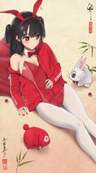 Rule 34 | 1girl, animal ears, black hair, bow, bowtie, closed mouth, detached collar, fake animal ears, feet out of frame, highres, jacket, jewelry, leotard, looking at animal, noeru, one-eyed, open clothes, open jacket, original, pantyhose, playboy bunny, rabbit, rabbit ears, red bow, red bowtie, red eyes, red jacket, red leotard, red nails, ring, sitting, sleeves past wrists, solo, traditional bowtie, two side up, white pantyhose