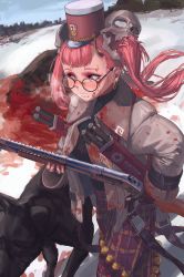 Rule 34 | 1girl, animal, bad id, bad pixiv id, blood, blood on clothes, blood on face, blood on snow, blurry, blush, bypos, censored, commentary, depth of field, dog, dutch angle, earrings, fingerless gloves, glasses, gloves, gun, gun sling, hair ornament, hat, highres, jewelry, long hair, military, military uniform, mole, mole under eye, nail polish, original, peaked cap, plaid, plaid skirt, pump action, red hair, red nails, serious, shotgun, shotgun shell, signature, skirt, skull hair ornament, sky, snow, tree, turtleneck, twintails, uniform, weapon, winchester model 1897, winter