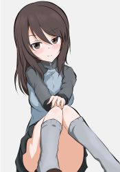 Rule 34 | 1girl, blue jacket, blue skirt, blush, boko dream, brown eyes, brown hair, closed mouth, commentary, girls und panzer, grey background, grey socks, hands on own knees, highres, jacket, keizoku military uniform, light smile, long hair, long sleeves, looking at viewer, mika (girls und panzer), military, military uniform, miniskirt, no headwear, pleated skirt, raglan sleeves, simple background, sitting, skirt, socks, solo, track jacket, uniform