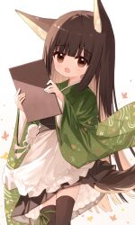 Rule 34 | 1girl, :o, animal ear fluff, animal ears, apron, black skirt, brown eyes, brown hair, brown thighhighs, frilled apron, frills, ginkgo leaf, green kimono, holding, japanese clothes, kimono, leaf, long hair, long sleeves, looking at viewer, maid, maple leaf, obi, open mouth, original, pleated skirt, sash, simple background, skirt, solo, tail, thighhighs, very long hair, wa maid, waist apron, white apron, white background, wide sleeves, yuuhagi (amaretto-no-natsu)