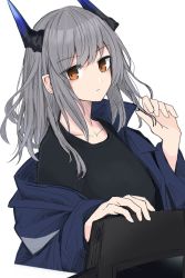 Rule 34 | 1girl, absurdres, arknights, black shirt, blue jacket, collarbone, dragon horns, grey hair, highres, horns, jacket, liskarm (arknights), looking at viewer, off shoulder, open clothes, open jacket, orange eyes, playing with own hair, sasahara (shou goi), shield, shirt, simple background, solo, upper body, white background