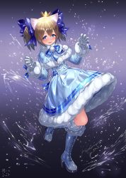 Rule 34 | 1girl, animal ears, bettle (b s a n), black background, blue bow, blue dress, blue eyes, blue footwear, blush, boots, borrowed character, bow, brown hair, cat ears, cross-laced footwear, crown, dress, full body, gloves, grey gloves, hair bow, hands up, highres, knee boots, long sleeves, looking at viewer, original, short hair, short twintails, smile, twintails, water, water drop