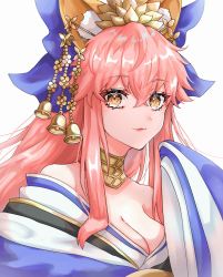 Rule 34 | 1girl, animal ear fluff, animal ears, bare shoulders, bell, blue bow, blue kimono, bow, breasts, cleavage, detached sleeves, fate/extra, fate/grand order, fate (series), fox ears, fox girl, hair between eyes, hair bow, hair ornament, hairpin, highres, japanese clothes, jewelry, jingle bell, kimono, large breasts, long hair, looking at viewer, neck ring, official alternate costume, pink hair, rain (roromi), sash, sidelocks, simple background, smile, solo, tamamo (fate), tamamo no mae (fate/extra), tamamo no mae (third ascension) (fate), very long hair, white background, wide sleeves, yellow eyes
