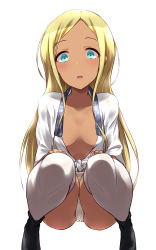 Rule 34 | 1girl, :o, ankle boots, black footwear, blonde hair, blue eyes, blush, boots, breasts, collarbone, dark-skinned female, dark skin, female focus, forehead, fundoshi, hands on own thighs, happi, highres, idolmaster, idolmaster cinderella girls, japanese clothes, knees together feet apart, layla (idolmaster), long hair, looking at viewer, open mouth, parted bangs, short sleeves, sidelocks, simple background, small breasts, solo, squatting, straight hair, tango (tn500), tareme, thighhighs, tied cothes, white background, white thighhighs
