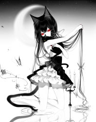 Rule 34 | 1girl, absurdres, animal ears, artist name, bare arms, bare legs, bare shoulders, barefoot, black cat, black hair, bug, butterfly, candlestand, cat, cat ears, cat tail, crescent moon, dress, gradient background, grey background, head tilt, highres, insect, kneeling, limited palette, long hair, looking at viewer, moon, original, red eyes, reflection, sheya, short dress, signature, spot color, tail, thighs, white background