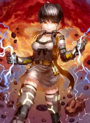 Rule 34 | &gt;:d, 1girl, :d, ahoge, armor, bad id, bad pixiv id, belt, black hair, bow, breasts, brown jacket, choker, cleavage, clenched teeth, collarbone, dress, electricity, explosion, eyebrows, eyelashes, fang, gauntlets, glowing, grey dress, jacket, jewelry, kfr, leather, leather jacket, lightning, long hair, looking at viewer, neck ring, neon trim, open clothes, open jacket, open mouth, original, parted lips, ponytail, rock, short hair, smile, solo, standing, teeth, thigh strap, thighhighs, v-shaped eyebrows, yellow eyes, zettai ryouiki