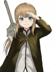 Rule 34 | 1girl, blonde hair, blue eyes, blush, cloak, commentary request, dot nose, highres, long hair, looking at viewer, original, salute, simple background, smile, solo, sword, sword behind back, upper body, vest, wasabi60, weapon, white background, white vest