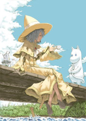 Rule 34 | 1boy, animification, blue eyes, blue sky, bridge, capelet, cloud, cup, day, dress, foot dangle, from below, full body, gender request, genderswap, grass, grey hair, hat, hatifnatt, hattifattener, holding, holding cup, katzeh, kettle, landscape, light smile, long sleeves, looking at another, male focus, missile, moomin, moomintroll, mumintrollet, no socks, outdoors, portable stove, profile, red eyes, river, robe, shoes, short hair, sitting, sky, snufkin, solo, splashing, summer, sunlight, tea, teacup, teapot, water, wide sleeves, witch, witch hat, yellow hat, yuushoh