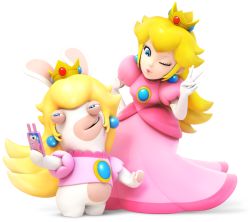 Rule 34 | 3d, ;), blonde hair, blue eyes, cellphone, commentary, crown, dress, elbow gloves, english commentary, gloves, holding, holding phone, long hair, mario (series), mario + rabbids kingdom battle, nintendo, official art, one eye closed, phone, pink dress, princess peach, puffy short sleeves, puffy sleeves, rabbid, rabbid peach, raving rabbids, short sleeves, smartphone, smile, third-party edit, transparent background, v, white gloves