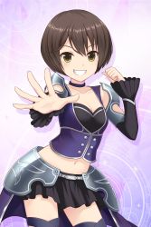 Rule 34 | absurdres, alternative girls, armored skirt, blush, breasts, brown hair, highres, light blush, looking at viewer, official art, open hand, short hair, skirt, small breasts, smile, solo, tachibana naomi, teeth
